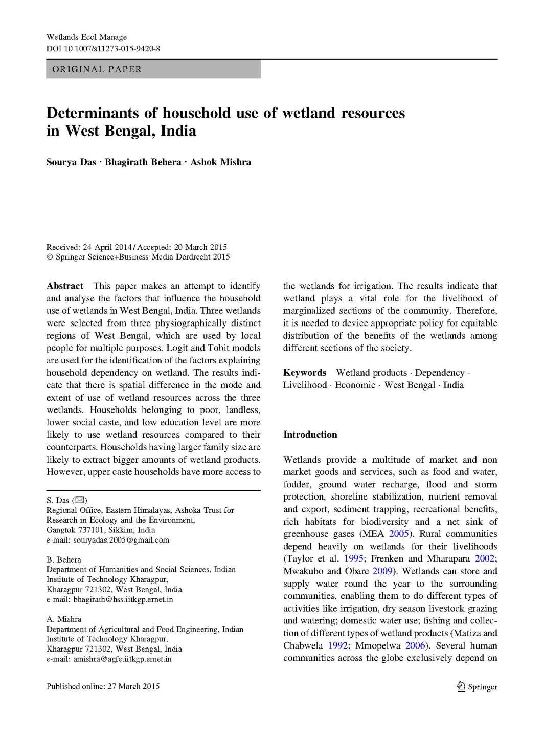 Determinants of household use of wetland resources in West Bengal, India